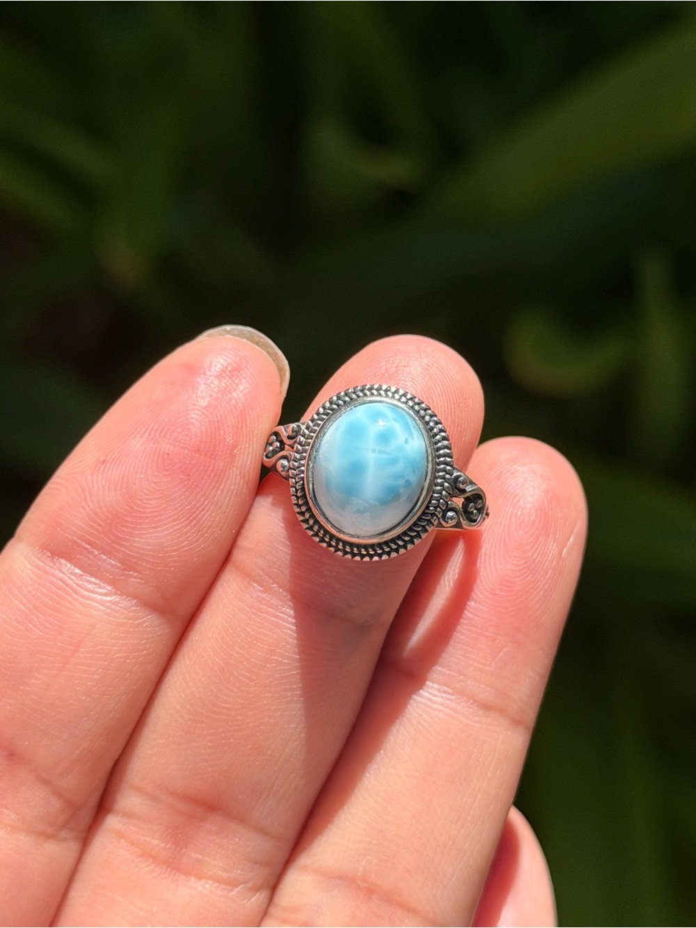 Sterling Silver Larimar Oval Ring in Light Blue Palo